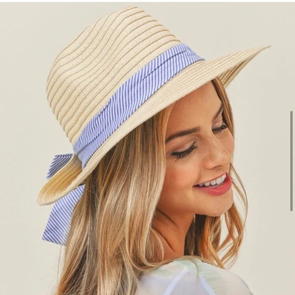 Straw creamy beige blue Womens hat - Picture 3 of 5